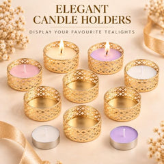 Little Blooms 12-pcs Metal Tea Light Holder - Golden Round Decorative Diya Stand | Tealight Candle Holders for Home Decor | Elegant Tealight Holder for Festivals & Special Occasions