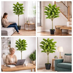 GARDEN GYANI Artificial Areca Palm Plant with Black Pot – 145 cm Tall Faux Tropical Decorative Plant with 35 Leaves for Home, Office & Living Room Décor