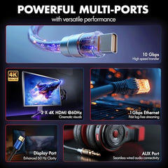 Type C 14 in 1 Wozoyo Docking Station, PD 100W, 2X4K@60Hz HDMI,4K DisplayPort, 2XType-C 10Gbps, USB 10Gbps, Gigabit Ethernet, AUX Port,Universally Compatible Thunderbolt 4,macOS,Windows,Android & iOS