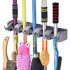 Dargoba Broom Holder Wall Mounted, Mop Holder for Wall, Broom Stick Holder Mounted Stand, Storage Broomstick Brush Mount Organizer with Hanger Hooks (5 Slot 6 Hooks)- Grey, Polypropylene