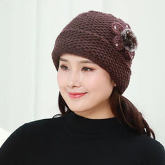 SYGA Winter Warm Hat Women Beautiful Wool Knitted Flowers Decorated Ears Beanie Hat for Adult Women Purple
