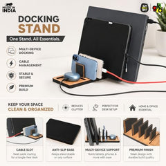 GKD Dark Wood Multi Device Stand & Organizer | Laptop, Tablet, Mobile & Power Bank Holder | All-in-One Desk Charging Station & Organizer | Modern Office Desk Accessory | Diwali Gift