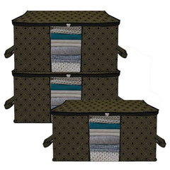 Amazon Brand - Solimo Underbed Storage Bag | Clothes Storage Organizer | Clear Window Blanket Cover | Cloth Organizer With Handle | Jute-Print Design | Large (Grey, Pack Of 3), 65 X 47 X 31 Cm