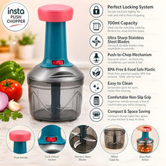 iKAN Manual Hand Press Push Chopper with 3 Blades for Effortless Chopping Vegetables & Fruits (Assorted, 700 ml, Plastic)