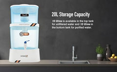 Pureplus Gravity Water Filter | 20 Liter Top Water Purifier | Chemical Free, Electricity Free | Water Filter for Home, Kitchen & Camping (White & Blue)