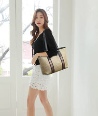 MOMISY Women's Straw Large Capacity Shoulder Tote Handbag with Top Handle-Black Handle