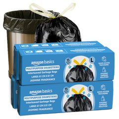 Amazon Basics Multipurpose Drawstring Garbage Bags | Large | 15 Count | Heavy Duty Garbage Bag | Jasmine Fragrant Garbage Bag | Odour Control | No Tear Removal