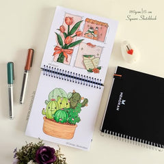MENORAH - Artist Square Sketch Book - 180 GSM - Square Drawing Book - (100 Pages/50 Sheets) - Hard Metal Spiral Bound - (15.0 cm x 15.0 cm) - Pink