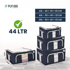 FLYNGO Foldable Steel Frame Clothes Organizer Storage Box For Wardrobe, Saree, Shirts, And Blankets (66 Ltr - Pack Of 2, Oxford Fabric), Blue