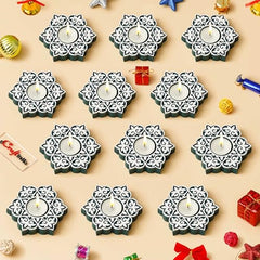 eCraftIndia Wooden Floral Printing Block Decorative Tea Light Candle Holders (Set of 12, Green White) Diwali Christmas Decorations Items for Home Office Christmas Gifts for Women Men Family Friend