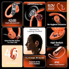 ACwO DwOTS Sense Pro True Wireless Earbuds, 42dB ANC, Voice-First Mic System for Clear Calls, Skin-Friendly Ear Hooks, 12mm Drivers, Dual Pairing, Sweat Resistant, Advanced Bluetooth Ear Buds (Orange)