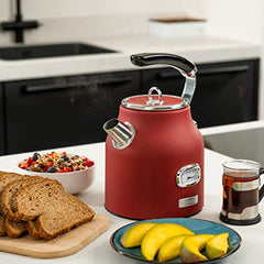 Westinghouse 1.7L 2200W Retro Series Electric Kettle | Fast Boil, Water Boiler For Hot Drinks, Quiet Boil & Detachable Filter | Temperature & Water Level Indicator | 2 Years Warranty (Red)