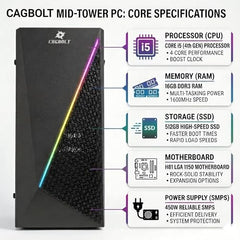 CAGBOLT Assembled i5 Desktop PC | Core i5-4570 4th Gen | 16GB DDR3 RAM | 512GB SSD | HD Graphics 4600 | HDMI | VGA | Ethernet | Windows 11 Pro | Office 2024 | 2 Years Warranty | for Office & Home Use
