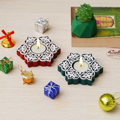 eCraftIndia Wooden Floral Printing Block Decorative Tea Light Candle Holders (Set of 12, Green White) Diwali Christmas Decorations Items for Home Office Christmas Gifts for Women Men Family Friend