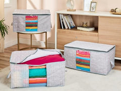 Amazon Brand - Solimo Underbed Storage Bag | Clothes Storage Organizer | Clear Window Blanket Cover | Cloth Organizer With Handle | Jute-Print Design | Large (Grey, Pack Of 3), 65 X 47 X 31 Cm