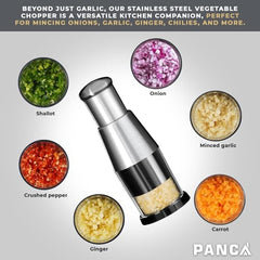 PANCA Garlic Press Chopper Stainless Steel Manual for Garlic & Ginger | Stainless steel manual hand press with clear chamber for garlic, ginger, onion and chilli; compact kitchen food prep tool