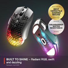 SteelSeries Aerox 3 Wireless Gen 2 - Ultralight 68g Gaming Mouse, 4K Polling, 26K DPI Optical Sensor, 200 Hours Battery Life, IP54, 80 Million Clicks, RGB, Pure PTFE Gliding Feet, Shadow