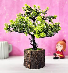 Dekorly Small Artificial Bonsai Tree Fake Plant Potted House Plants Japanese Pine Bonsai Plant Faux Bonsai for Home Indoor Decoration Office (Wooden Potted Plants, Design-G)