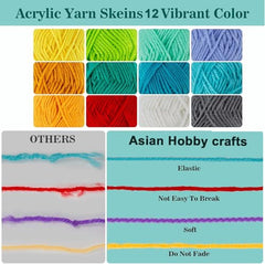 Asian Hobby Crafts 12 Pcs Multi Wool Yarn Set for Crocheting & Knitting | 12g Each Soft 3 Ply Wool Yarn Crochet Thread, Ideal For Handmade DIY Embroidery Craft Projects & Perfect For Beginners