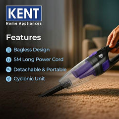 KENT Dash Vacuum Cleaner | 600W | High Suction Power >16 kPa | Cyclone5 Technology and HEPA Filter | Bagless Design | Ideal for Floor, Curtain, Carpet, Sofa & Car | Black & Blue