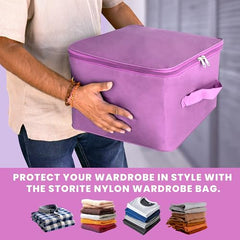 Storite 2 Pack Nylon Wardrobe Bag Underbed Cloth Storage Organizer | Moisture Proof Storage Bag, Storage box for Clothes Saree Bags, Zippered Closure & Handle - Magenta,37x34x23 cm