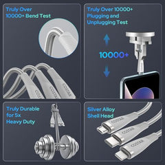 COSTAR 60W 3 in 1 Multi Fast Charging Cable - 3A Nylon Braided Charger Cable Compatible with iPhone, iPad, Samsung Galaxy, OnePlus, Mi, Oppo, Vivo, iQOO, Xiaomi, Car (Silver)