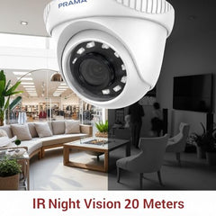 PRAMA PT-HTD70FOE-LPFS 2MP Ranginview Audio Fixed Turret Dome Camera, Built-in Microphone,1920 × 1080 Resolution, up to 20 Meters of IR Distance and 20 Meters of White Light Distance.