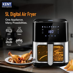 KENT Digital Air Fryer 5L | 1400W | Bake, Grill & Roast | Up to 80% Less Oil Usage | 8 Preset Menu | Rapid Heat Circulation | Digital Display & Touch Control Panel | Glass Window with in built Light