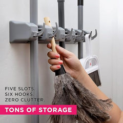 Dargoba Broom Holder Wall Mounted, Mop Holder for Wall, Broom Stick Holder Mounted Stand, Storage Broomstick Brush Mount Organizer with Hanger Hooks (5 Slot 6 Hooks)- Grey, Polypropylene