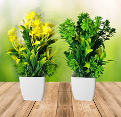 Asharya® Artificial Flower Plants for Home Décor – Set of 4 Mini Potted Plants (7 Inch) in White Pots | Pink, Yellow, Red & Blue Faux Flowers for Living Room, Office, Indoor Outdoor Decoration