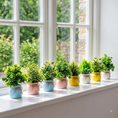 amazon basics Artificial Potted Plants, Artificial Plastic Eucalyptus Plants Small Indoor Potted Houseplants, Small Faux Plants for Home Decor Bathroom Office Farmhouse (Set of 8)