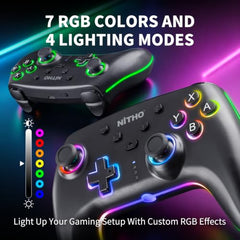 NITHO NEON DARK OPS Wireless Gaming Controller for PC Windows, Switch, Switch 2, Android and iOS, Gamepad with Hall Effect Triggers, Turbo, Programmable Buttons, 6-Axis Motion Control, Dual Vibration, RGB Lighting - Black