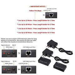 XIKKART 60M HDMI Extender Repeater Transmitter/Sender + Receiver Over Cat5 / Cat6 Upto 60 Meters (60M Extender Over Single CAT5/6 Cable) Supports 3D & Full HD1080p for TV Projector, HDTV, DVR