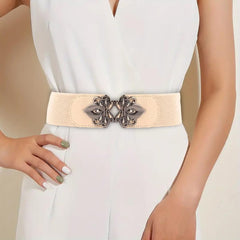 SYGA Women Cinch Belt, PU Leather Stretchy Waist Belt with Emblem Metal Buckle, Retro Style - Beige((Fits Waist Size 25-35)