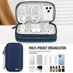Elfora Compact Cable Organizer Bag | Double Layer Storage Pouch for Cables, Chargers, AirPods, Power Bank & Other Accessories | Durable & Portable Nylon Travel Case with Mesh Pockets – Blue