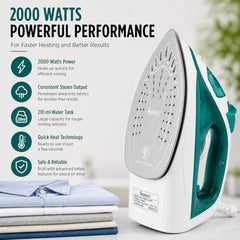 Warmex 2000W Steam Iron Press Black Non-Stick Soleplate | Powerful Steam Burst Removes Wrinkles From Clothes | Quick Heat Up 18-20 Gm Min Steam | Overheat Safety | Fabric Care Steamer Iron (Green)