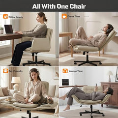 DROGO Zen Atora Ergonomic Criss Cross Legged Office Chair for Work with 5 Gear Armrest & Wide Thick Cushion Seat | PU Leather Computer Chair with Adjustable Height, Recline & Heavy Metal Base (Black)