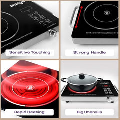 MILTON Classic 2200 Watt Infrared Cooktop with Crystal Glass & Touch Panel | 4 Pre set cooking Modes | Stir-fry | BBQ | Hot Pot | Steam | 60°C to 600°C | Digital time & Watt display - Classic SIlver