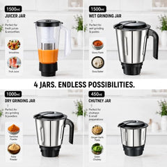 Prestige Elliot 750 Watt 3 Jar Mixer Grinder | Hybrid Copper Motor | 3 Speed Control with Pulse Function | 3 Stainless Steel Jars| Sturdy Ergonomic Handles| 2Y Warranty | ISI Certified