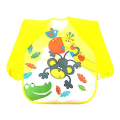 MOMISY Waterproof Smock Painting Apron for Kids Full Sleeve Feeding Bib for Babies Cartoon Animal Art for Infants Toddler Boys Girls (Pink Bear-Yellow Monkey)-Set of 2