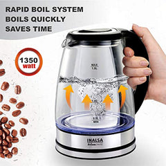 INALSA Electric Kettle for Hot Water |1.8 L Capacity| LED Illumination & Borosilicate Glass Body| 2 Year Warranty|Multipurpose Electric Kettle| Water Boiler (Prism Inox),1350 Watts