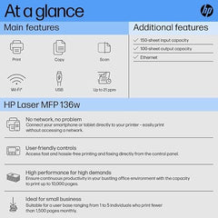 HP Laser MFP 1188w, Wireless, Print, Copy, Scan, Ethernet, Hi-Speed USB 2.0, Up to 21 ppm, 150-sheet Input Tray, 100-sheet Output Tray, 10,000-page Duty Cycle, 1-Year Warranty, Black and White