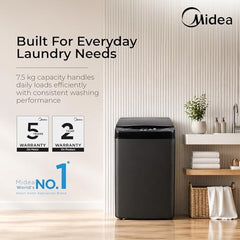 Midea 7.5 Kg 5 Star Fully Automatic Top Load Washing Machine, Spiral Stream Tub, Dual Waterfall, 6 Petal Pulsator, Magic Filter (MWMTL075FP0PNMB, Auto Restart, Mid Black)