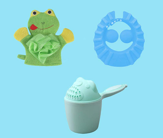 SYGA 1 Green Baby Rinser,1 Blue Shampoo Shower Bath Cap,1 Green Frog Face Cartoon Bathing Gloves,3 Count