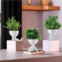Kuber Industries 3 Pcs Set Plastic Mini Artificial Plants with Pot | Table Top & TV Unit Decorative Items for Living Room | Faux Plants for Home Decor & Office Desk | Man Shape - Black