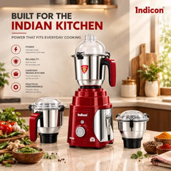 Indicon Rover 1350W Copper Motor Mixer Grinder with 4 Jars (3 Stainless Steel + 1 Juicer Jar), 3-Speed Control, Heavy Duty Grinding & Blending for Kitchen, Unbreakable ABS Body, Red