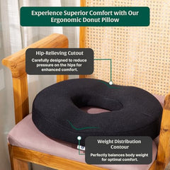 The White Willow Donut Pillow – Medium Firm HR Memory Foam Coccyx Seat Cushion for Tailbone, Hemorrhoid & Piles Pain Relief – Car & Office Chair – Above 60KG – Classic Black