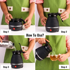 InstaCuppa Foldable Silicone Electric Kettle for Travel, Home & Office, 600 ML, 600 Watts, Fast Boiling, Food Grade Silicone, Collapsible, Portable, Dry Boil Protection, Black