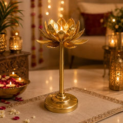 Easyera Decorative Lotus Candle Holder Set of 3| Gold Metal Tealight Holder for Home Decor | Lotus Diya Stand for Diwali, Pooja & Wedding Decoration | 12, 10 & 8 Inch
