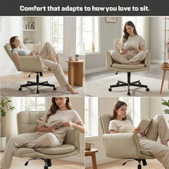 DROGO Zen Atora Ergonomic Criss Cross Legged Office Chair for Work with 5 Gear Armrest & Wide Thick Cushion Seat | PU Leather Computer Chair with Adjustable Height, Recline & Heavy Metal Base (Black)